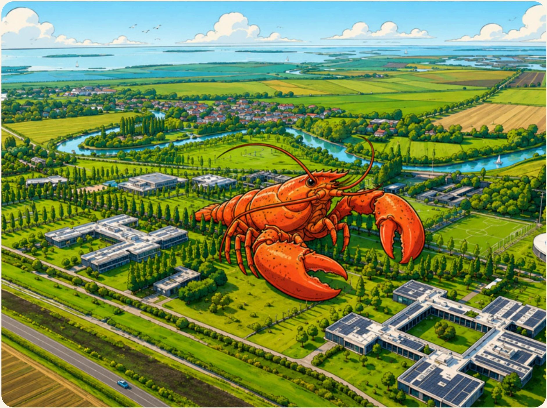 Aerial illustration of H-FARM campus near Venice with a giant orange lobster — the ClawCamp mascot — on the lawn